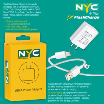 Nyc 44 W 4 A Mobile Charger with Detachable Cable  (VIVO Flash Charger And Flash Cable Compatible with V23, V23e, V25, V29e, White, Cable Included)