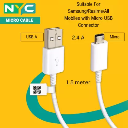 NYC Simplify Your Life Micro USB Cable 2.4 A 1.5 m Tinned Mesh NYCSSM001  (Compatible with Samsung/Oppo/ Realme/Vivo and All Mobiles with Micro Connector, White, One Cable)