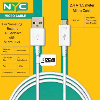 NYC Simplify Your Life Micro USB Cable 2.4 A 1.5 m Tinned Mesh NYCSSM001  (Compatible with Samsung/Oppo/ Realme/Vivo and All Mobiles with Micro Connector, White, One Cable)