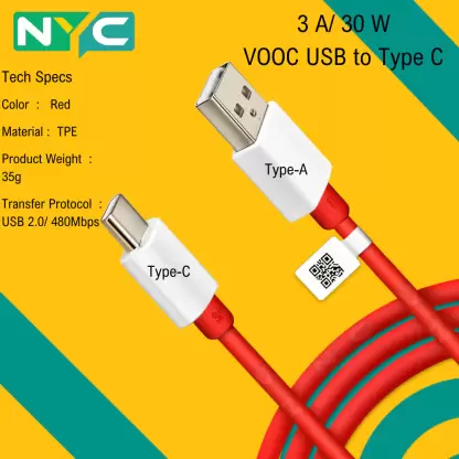 NYC Simplify Your Life USB Type C Cable 3 A 1 m Zinc Mesh OP30W010  (Compatible with 20Watt/30Watt/33Watt ONEPLUS DASH/VOOC/SUPERVOOC Charger, Red, One Cable)